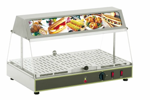 Kompaktowa witryna grzewcza przelotowa Roller Grill WDL 100 z kasetonem reklamowym