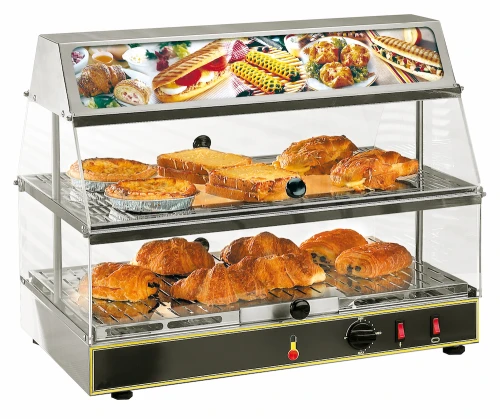 Kompaktowa dwupoziomowa witryna grzewcza Roller Grill WDL 200 z kasetonem reklamowym